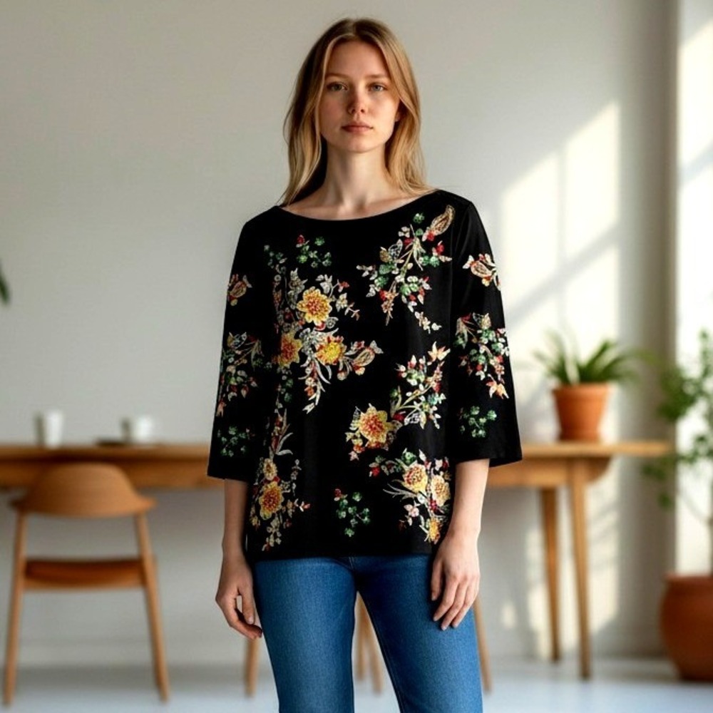 J. Jill Black Floral Embroidered Boat Neck Top 3/4 Sleeve Cotton Modal Small P